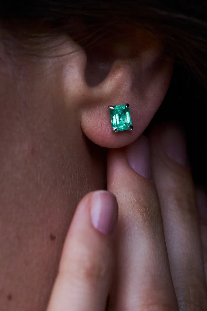 Stud earrings 0.87 + 0.78 ct. Emeralds 0.87 + 0.78 ct. Colour 5, Г2 (Russian grading)