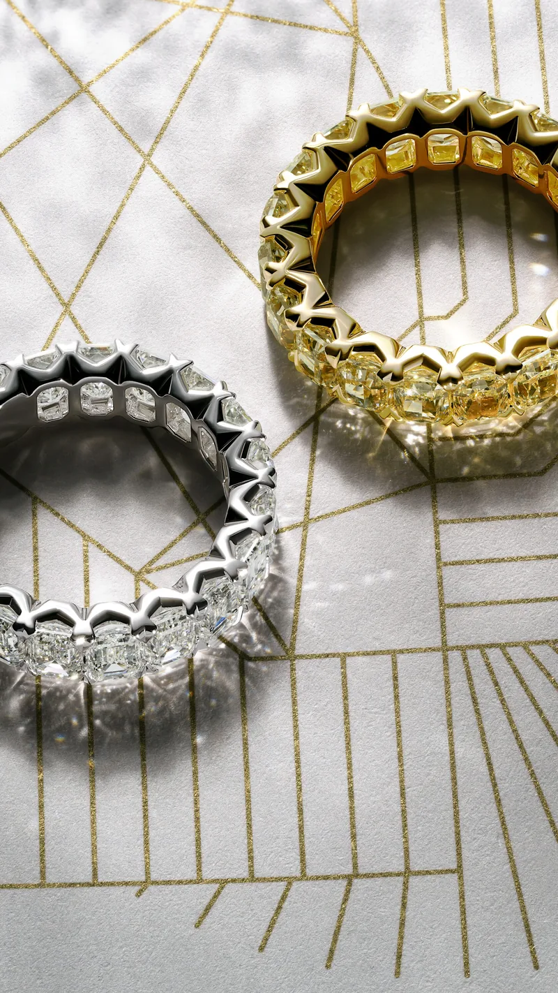 Eternity bands in white and yellow gold